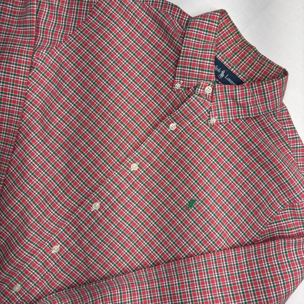 Ralph Lauren Mens L Custom Fit Plaid Button Down Shirt Pink Green Long Sleeve
